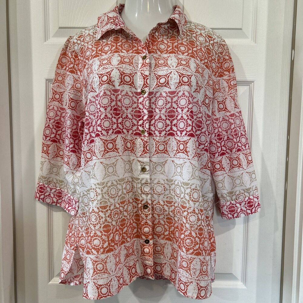 Chicos 3 Womens Tunic Blouse Top Button Up Stamped Print Lightweight Cotton XL